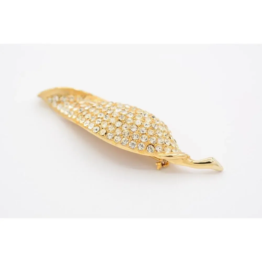 Weiss Vintage Leaf Pin Brooch Rhinestone Crystal Gold Sparkling Signed Bin5A